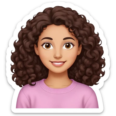 Mujer piel canela, cara ovalada, cejas definidas, pelo súper largo rizado marron oscuro, raya al lado. Sonrisa amplia, expresión suave-alegre. Sweater largo rosado claro. sticker