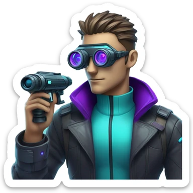 Secret human agent with  cyberpunk elements with a spyglass scanning looking reviewing multicolor lines of code, cyan and purple colors, only upper body portrait sticker