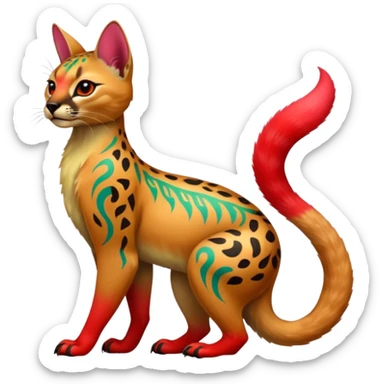 Colorful cute adorable tropical exotic fruity kiwi-green lemony rosy neon-red Caracal-Cheetah-Civet-Trico-fusion-hybrid-animal-creature, full body, with tribal tattoos sticker