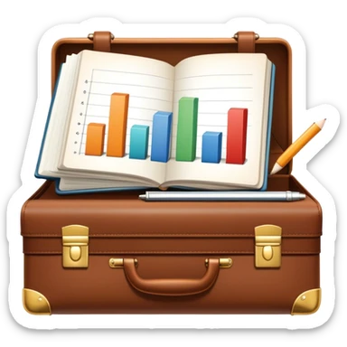 Icon for Business Reading: a prominent book at the forefront, with a briefcase, laptop, and notepad around it, along with a bar graph and symbolizing ideas and growth. The icon should represent the knowledge and strategy of business literature. Transparent background. sticker