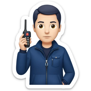 Security, Middle-aged, wearing navy blue jacket, serious facial expression, holding holding walkie-talkie, full body sticker