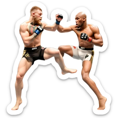An MMA showdown between Conor McGregor and Anderson Silva in the octagon. McGregor is executing a powerful jumping strike, while Silva is expertly blocking the attack with his forearm. The background features the UFC octagon, fans in the distance, and dynamic action. Transparent background sticker