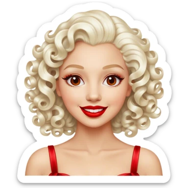 Cinematic Realistic Marilyn Monroe Emoji, featuring a glamorous, high-detail portrayal of the legendary Hollywood star. Her iconic platinum curls, radiant smile, and signature red lips are illuminated by dramatic, vintage-style lighting, evoking the timeless allure of classic cinema. sticker