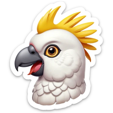 Cinematic Comical Cockatoo Portrait Emoji, Head tilted dramatically with an exaggeratedly shocked expression, featuring a striking, crest-adorned head with wide, comically expressive eyes full of playful disbelief and a vibrant, animated beak, Simplified yet hilariously expressive features, highly detailed, glowing with a slightly sassy tropical glow, high shine, dramatic yet playful, stylized with an air of cheeky avian mischief, soft glowing outline, capturing the essence of a meme-worthy cockatoo that looks ready to squawk its way into viral fame! sticker