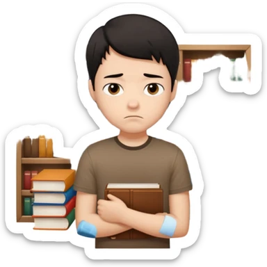 generate a pretty bratz fair skinned boy with short black hair wearing a brown tshirt surrounded by books n looking very sad sticker