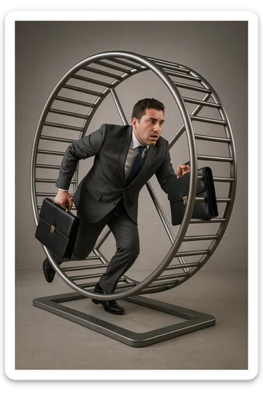 uomo che corre dentro la ruota del criceto come un circolo vizioso immagine realistica sticker