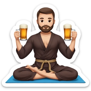 slavic muscled guy with dark brown hair and beard, sitting in yoga pose on a mat, dark colors robe, long and volume dark hair, holding beer mugs in two hands, sitting sticker