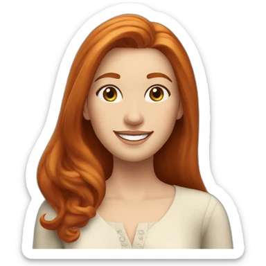 redhead white woman with medium long straight hair, greets smiling, wearing romantic blouse sticker