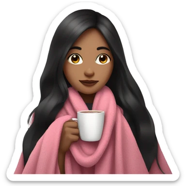 Girl with black long hair with long lashes with pink blanket on while drinking hot chocolate  sticker