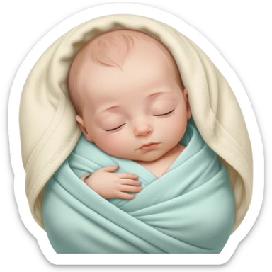A tiny newborn baby wrapped snugly in a soft, pastel-colored swaddle blanket, peacefully sleeping with a serene expression. The baby’s small hands are tucked close to the chest, surrounded by a cozy, calm atmosphere in a warm nursery sticker