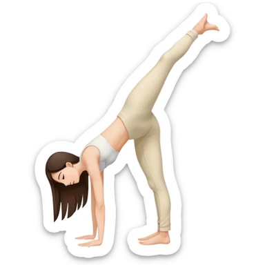 Brunette Girl side view handstand legs together straight legs iin cream pants sticker
