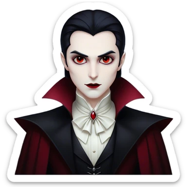 Cinematic Noble Vampire Portrait Emoji, Elegant and commanding, with a refined, pale visage framed by dark, velvet accents and a hint of crimson, exuding timeless seduction and dangerous allure, simplified yet exquisitely detailed, glowing with a soft nocturnal radiance and a subtle, mysterious outline that captures the regal spirit of an immortal lord of the night! sticker