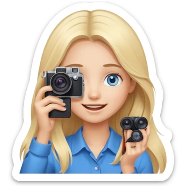  blue eyes blonde girl photographer cartoon taking picture in middle of taking picture camera in front of face long hair smiling funny flash professiona sticker