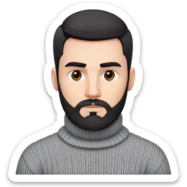 Man with angular square face, neatly trimmed full beard, thick dark eyebrows, short black hair styled back. Serious expression. Wearing a chunky knit light gray sweater with folded turtleneck collar. sticker