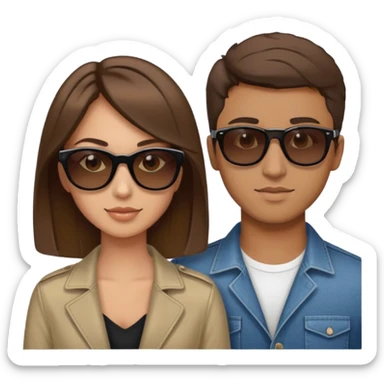 one guy and a girl posing together. The guy looks a bit like jim carrey but he is 26, he has medium short brown hait and wears sunglasses. The girl looks a bit like Keira Knightley, she is 26 as well, has dark blond hair and brown eyes.  sticker