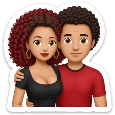 A picture of a tanned couple embracing. the guy is Mexican, with a bald hair cut and he is wearing a red shirt. the girl is mixed, the girl is wearing a black shirt, the girl has brown curly big hair and with big boobs  sticker