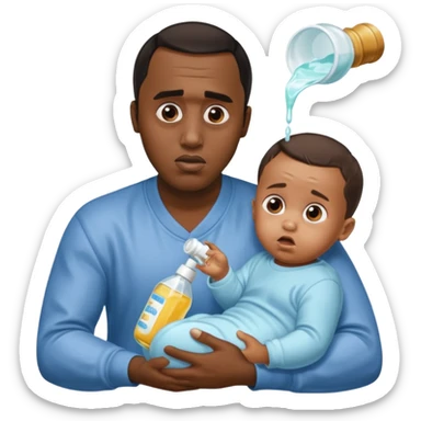 Sean “Diddy” Combs with baby oil and a very small infant and he’s pouring the baby oil on the baby and they have a scared face they’re really scared sticker