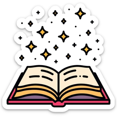 Colorful open book with magical sparkles floating above the pages sticker