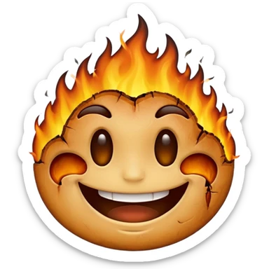 A emoji with half of his face where his left eyes at is burnt with the emoji having a big grin sticker