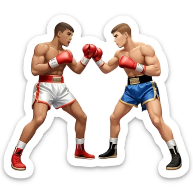  a high-stakes boxing match for the world championship title. Two professional boxers, wearing gloves and championship belts, exchange powerful punches in the center of the ring. The background features a packed arena with bright lights, a roaring crowd, and the championship banner hanging above.  sticker