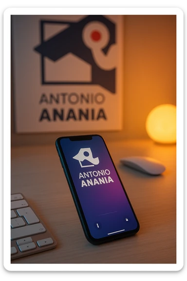 A photo of an iPhone on the desk with the message "Antonio Anania" on its screen, The phone sits atop a desk with a blurred with the logo in the background that suggests work environment. A faint glow from above casts gentle shadows across the surface of each object, creating depth and highlighting their textures sticker