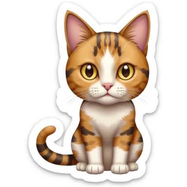 full body anxious looking colourful light calico tabby cat with hazel eyes  and half of face in brown tabby sticker