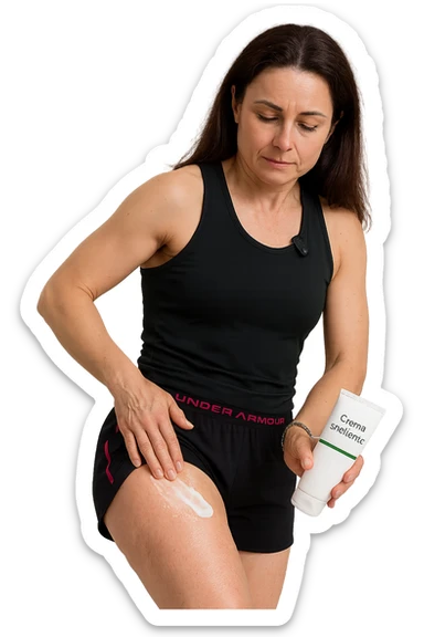 Donna con cellulite sulle cosce che usa una crema chiamata "Crema snellente" senza mano in alto sticker
