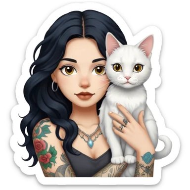 girl with long wave black hair and tattoos and a white cat sticker