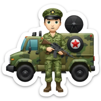 Full body of a dark haired blue eyed army man with radar truck weapon and wearing green camo uniform  sticker
