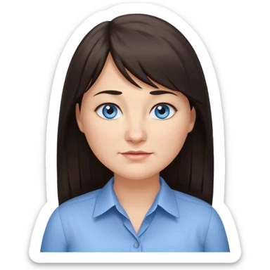 40 yr old woman, blue eyes, long straight dark brown hair, business shirt, chubby, bangs, long hair, tired, small smile sticker