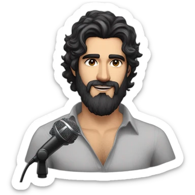 Brazilian Voice Actor Jefferson Melo, long beard, dark brown eyes under thick eyebrows, wavy messy black hair with a little gray wearing a taper haircut holding a voice over studio microphone sticker