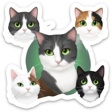 gray and white tuxedo cat with green eyes cuddling with long hair brown black and white calico cat with green eyes sticker