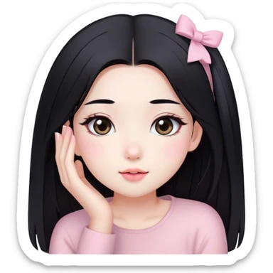 soft pink beauty vlogger girl fair skin with long straight hair. natural makeup like korean girls, black hair sticker