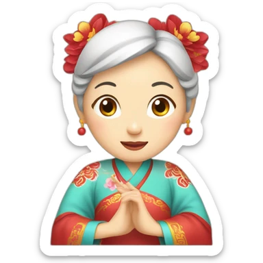 Chinese middle aged lady wear Chinese traditional dress  with a sign of agreeable and peace gesture sticker