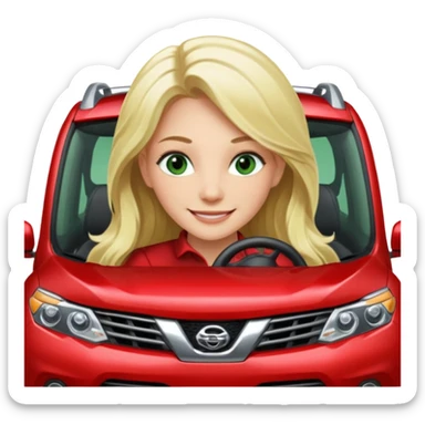 A Smiling Green Eyed, Long Haired Blonde driving a RED NISSAN ROGUE SUV sticker