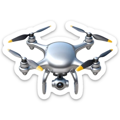 A futuristic drone emoji made of polished silver chrome, smooth rounded body, minimal propellers, reflective metallic surface, soft studio lighting, iOS emoji style, centered, clean white background sticker