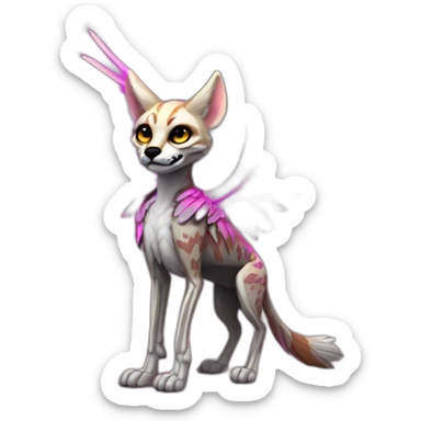 Coyote ocelot standing with grey and black fur and phoenix wings on back and pink ears half skeleton, neon lights sticker
