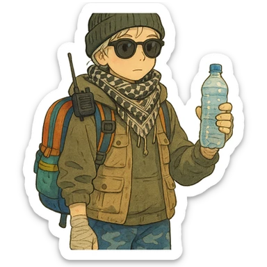 1 female, long white braid, knit cap, dark sunglasses, shemegh neckwrap, fishing vest, vibrant shool backpack, drab hoodie, handwraps, blue camo pants, handheld radio clipped to shoulderstrap of backpack, unkempt, holding a bottle of water sticker