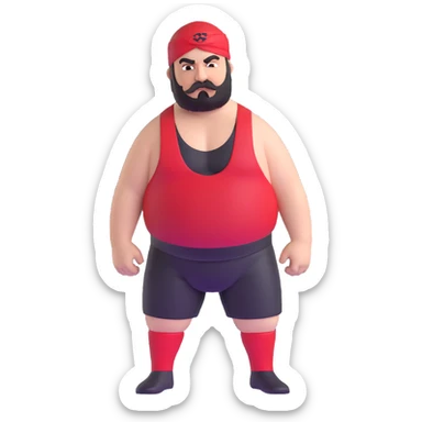 Close-up of very fat white skin guy with young face, beard and mustache, no muscle with prominent black durag, black eyes in a red and black wrestling singlet with angry face sticker