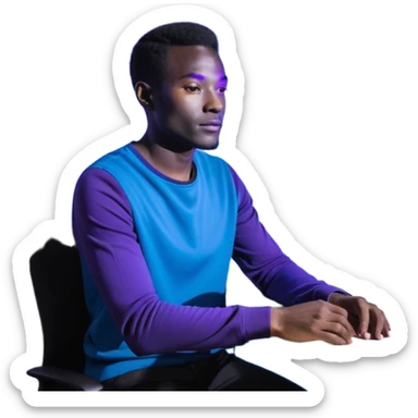 Développeur homme noir, dans un espace de coworking moderne, lumière néon bleue et violette, reflet sur son visage concentré, code affiché sur plusieurs écrans, légère profondeur de champ, ambiance professionnelle, style cinématique 4K, détails précis, peau naturelle, contraste fort. sticker