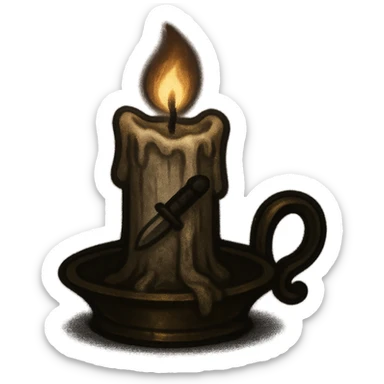 burning candle in a vintage brass holder with wax dripping, tiny knife carved into the side, gothic aesthetic inspired by church confessionals and plotting in silence, glowing softly with shadows around, discord-sized emoji sticker