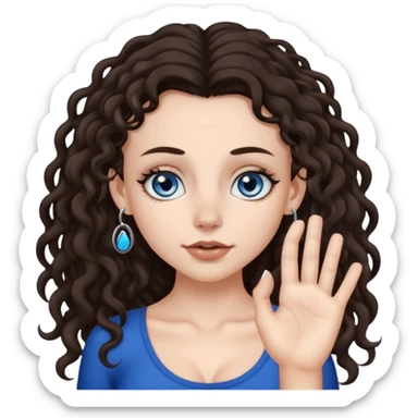 white girl, dark brown long slightly curly hair , skinni but with big breast , septum piercing on nose, beautiful dark gray-blue eyes, showing her toes , sticker