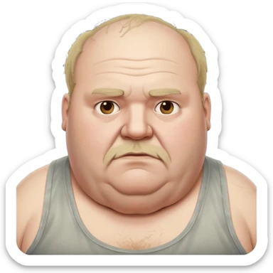 extremely morbidly obese middle aged white man in wifebeater with  dirty appearance. His hair is balding and grey and greasy sticker