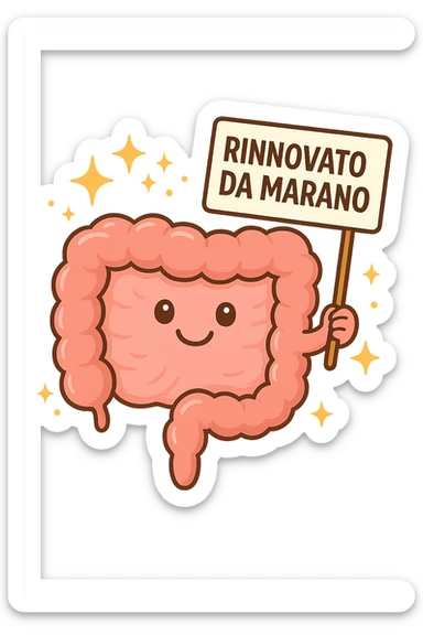 fammi un intestino identico a questo, ma felice e con le scintille di splendore dorate sopra, si sta rinnovando come se fosse in ottima salute, in mano ha un cartello con la scritta "RINNOVATO DA MARANO" sticker