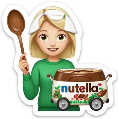 Blond woman with white and green pullover holds in one hand a big carriage of Nutella and in the other hand a oversized spoon which is in the carriage of Nutella sticker