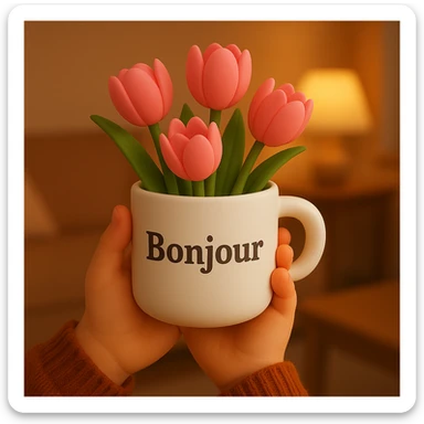A pair of hands holding a white mug filled with pink tulips, with the word "Bonjour" written on the mug, in a 3D iOS style, with a warm, cozy setting, with a background. sticker