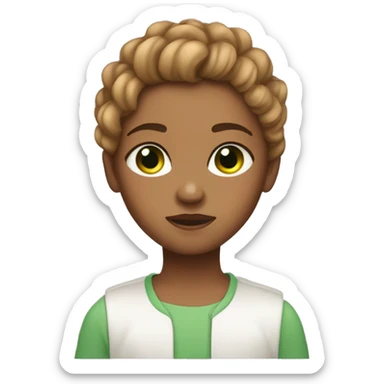 A girl with broken hair and eyes, in love with a light skin, light brown hair, green and Bron eyes, litle bold boy sticker