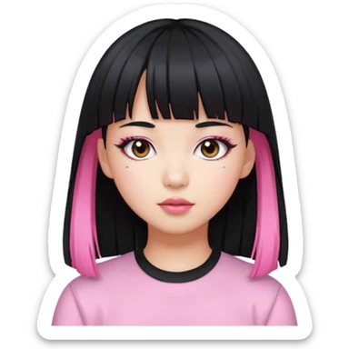 Girl with black hair but pink bangs and has a K-pop global pop star face sticker