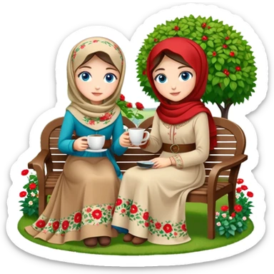 Turkish beautiful finish Konya girls blue eyes with Beautiful beige red green floral hijab long tail dress and this two friends sit in a lovely garden on the chair on the ground and holds cup coffe with her hand  sticker