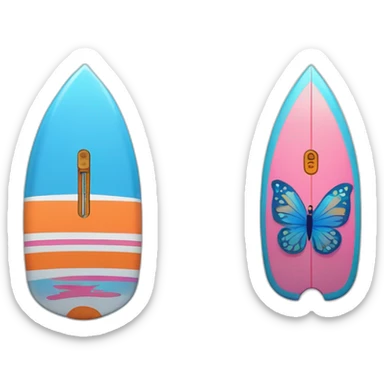 (A surfboard Cartoon Blue and orange smiling) and a (mikrophone Cartoon Blue and pink with butterfly) sticker